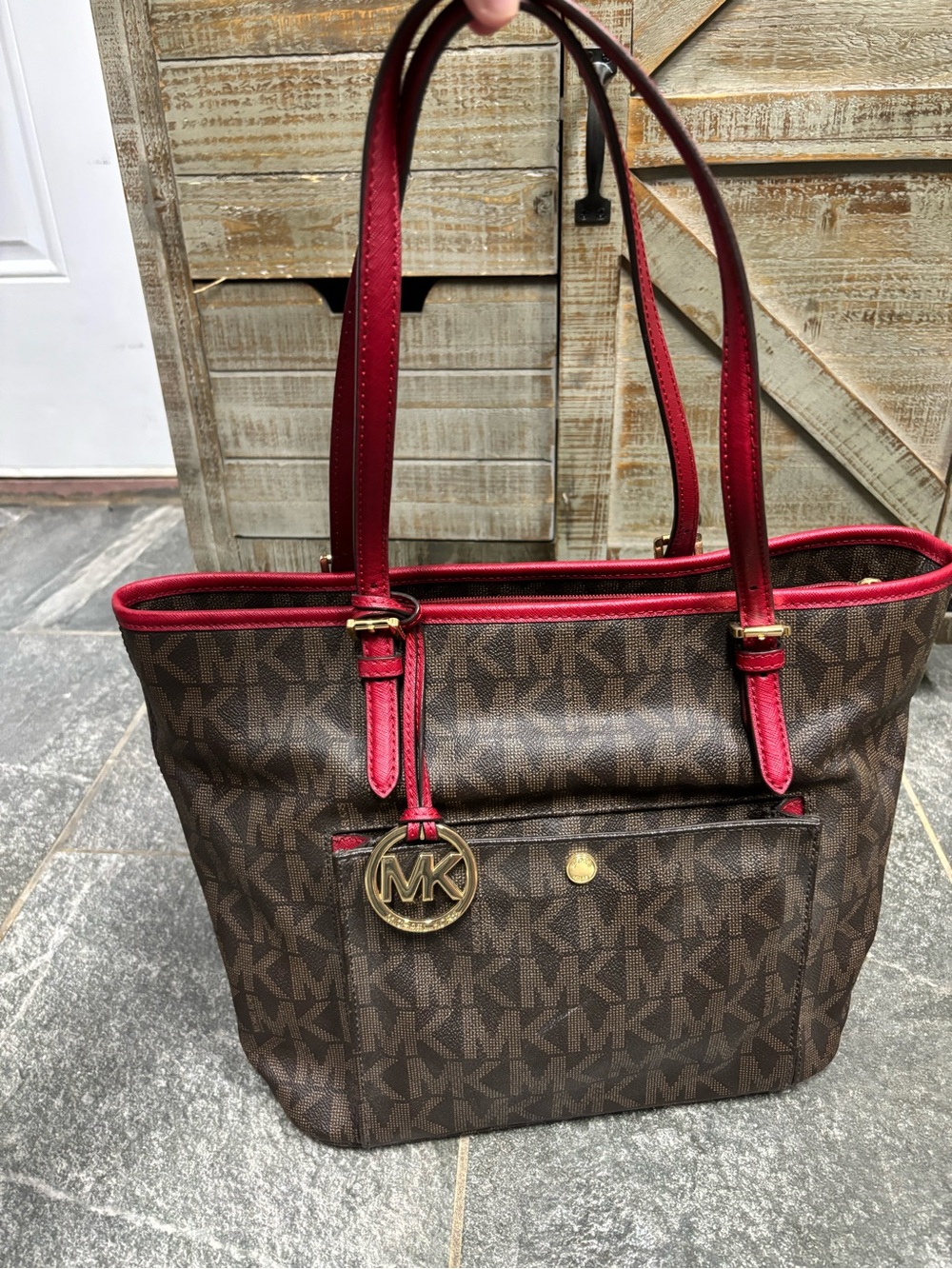 Michael Kors Brown Monogram Tote with Red Trim and Straps